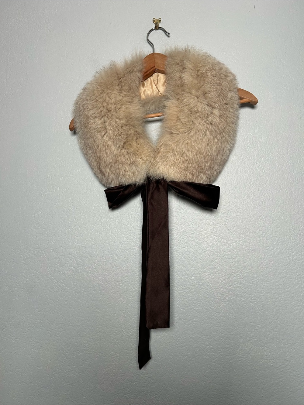 Cream Fox Fur Collar with Brown Satin Ribbon Tie and hook closure - May be faux